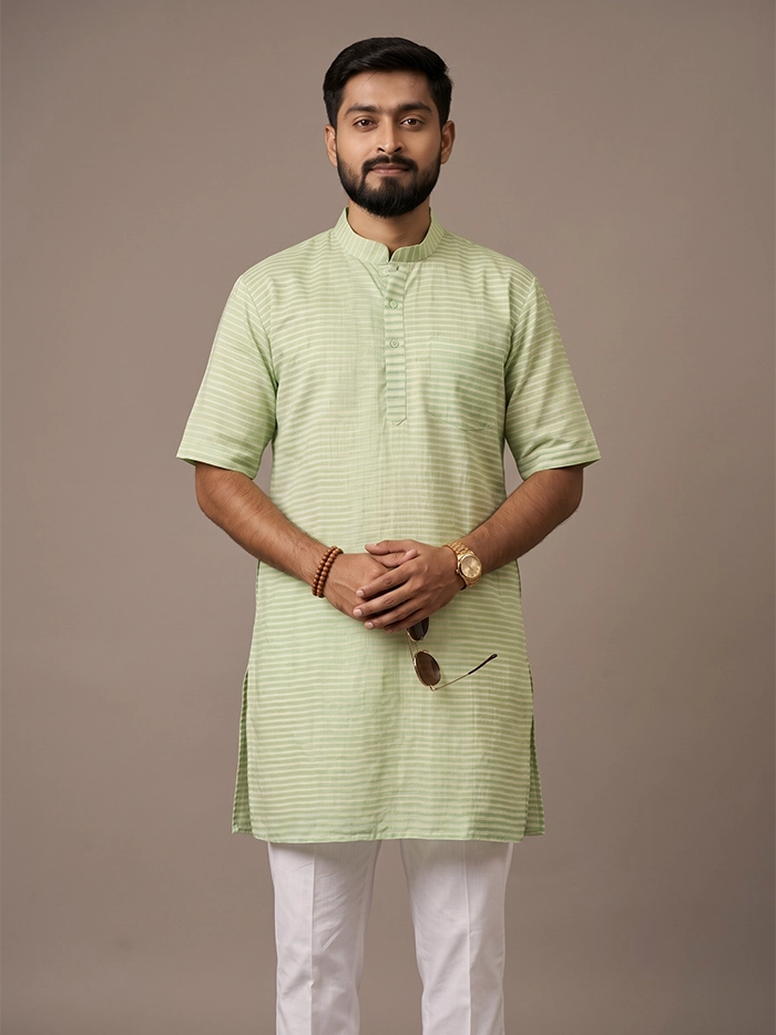 Green Yellow Striped Handwoven Organic Cotton Men Kurta