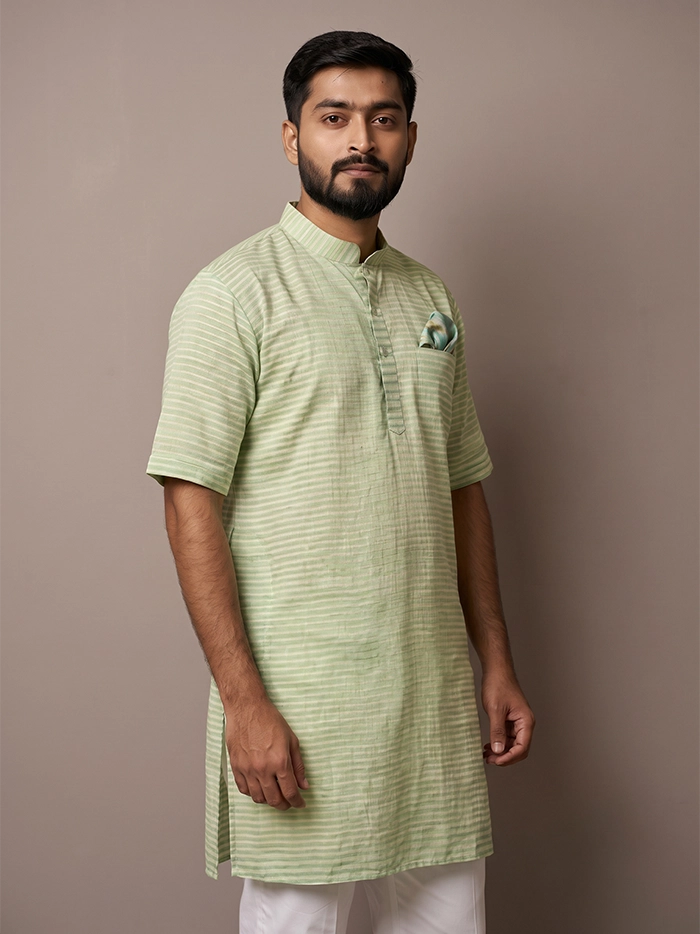 Green Yellow Striped Handwoven Organic Cotton Men Kurta