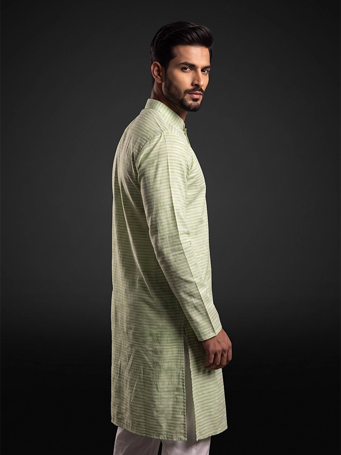 Green Yellow Striped Handwoven Organic Cotton Men Kurta