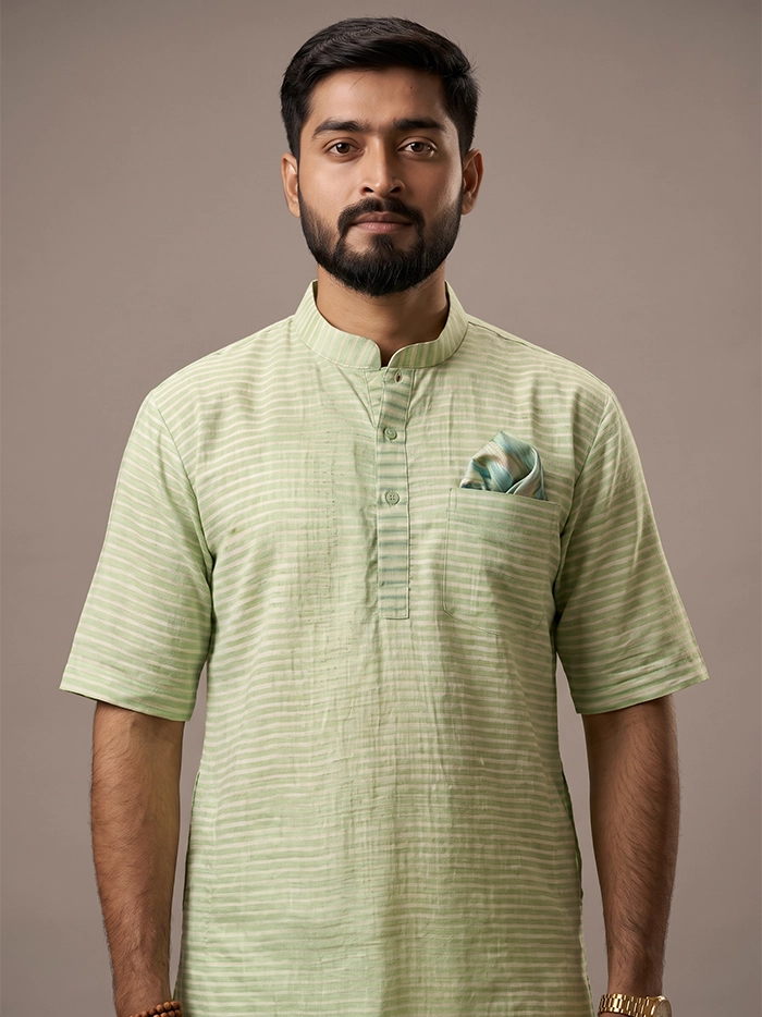 Green Yellow Striped Handwoven Organic Cotton Men Kurta