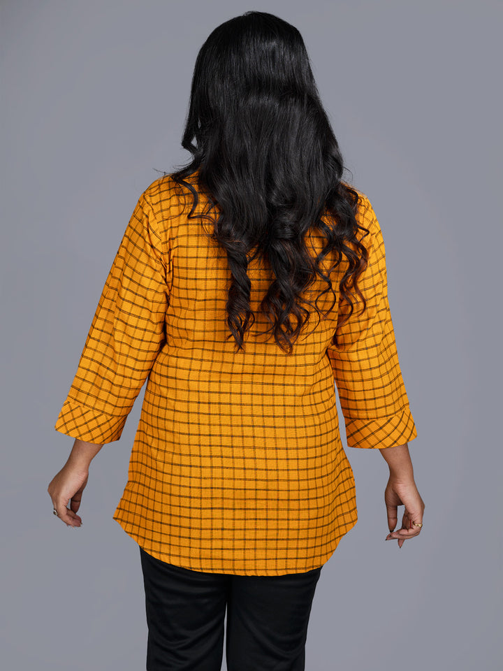 Fulvous Gamboge Colored Handwoven Check Cotton Shirt