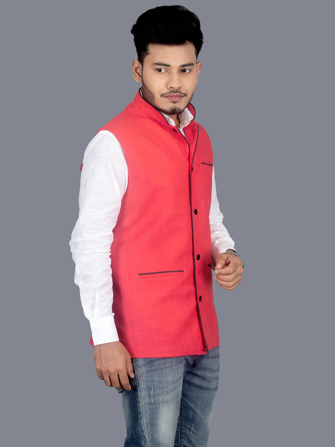 Red Solid Matka Silk Modi Jacket