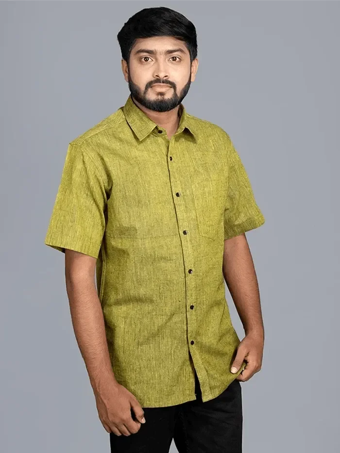 Olive Handwoven Organic Cotton Formal Men Shirt - WeaversIndia