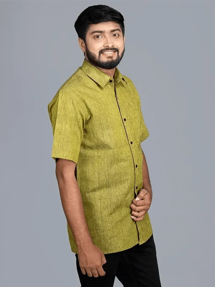 Olive Handwoven Organic Cotton Formal Men Shirt - WeaversIndia