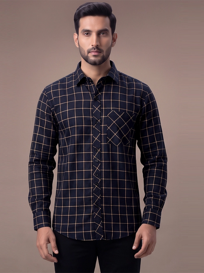 Handwoven Organic Cotton Black Checks Fitted Men Shirt