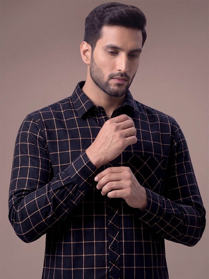 Handwoven Organic Cotton Black Checks Fitted Men Shirt