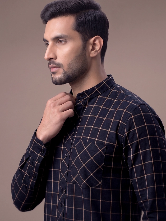 Handwoven Organic Cotton Black Checks Fitted Men Shirt