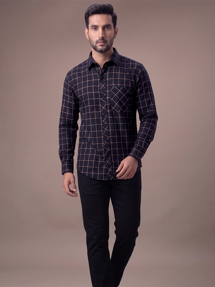 Handwoven Organic Cotton Black Checks Fitted Men Shirt