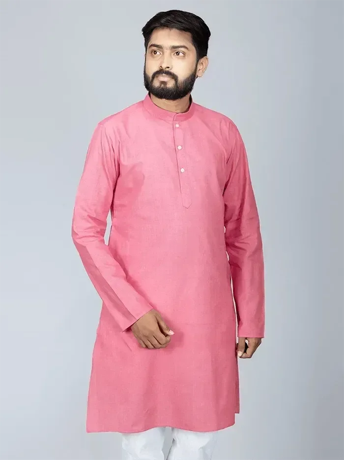 Pink Handwoven Organic Cotton Men Kurta - WeaversIndia