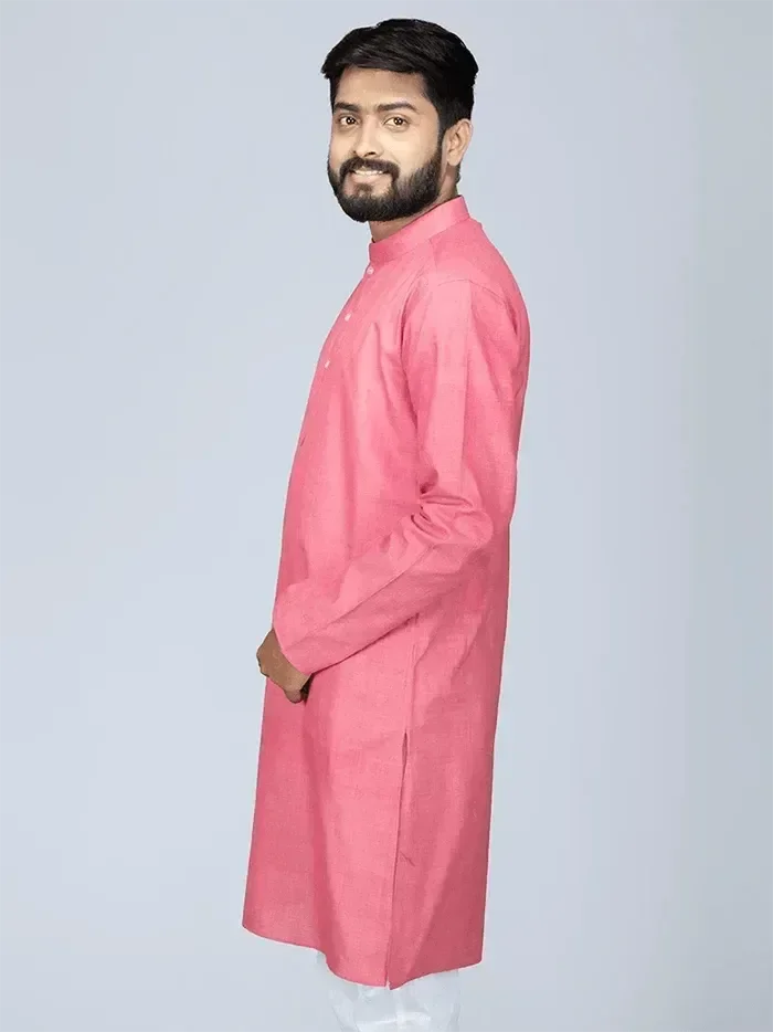 Pink Handwoven Organic Cotton Men Kurta - WeaversIndia