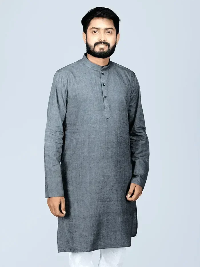 Black Grey Handwoven Organic Cotton Men Kurta - WeaversIndia