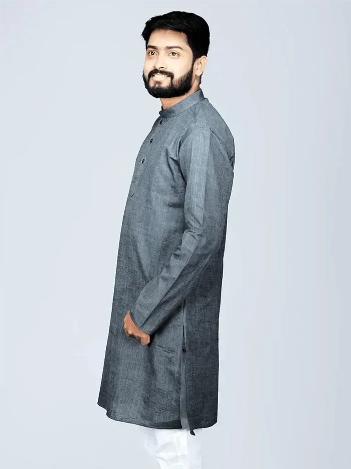 Black Grey Handwoven Organic Cotton Men Kurta - WeaversIndia