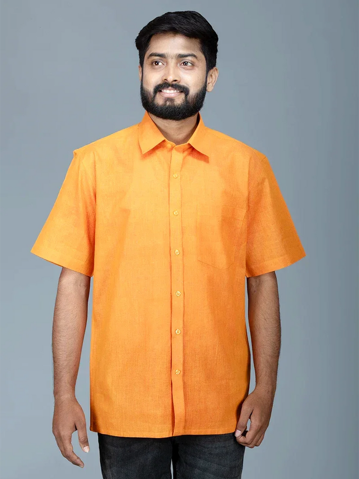Cadmium Orange Handwoven Organic Cotton Formal Men Shirt - WeaversIndia