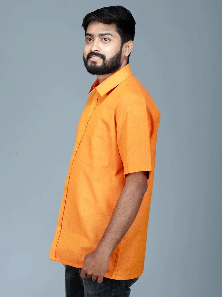 Cadmium Orange Handwoven Organic Cotton Formal Men Shirt - WeaversIndia