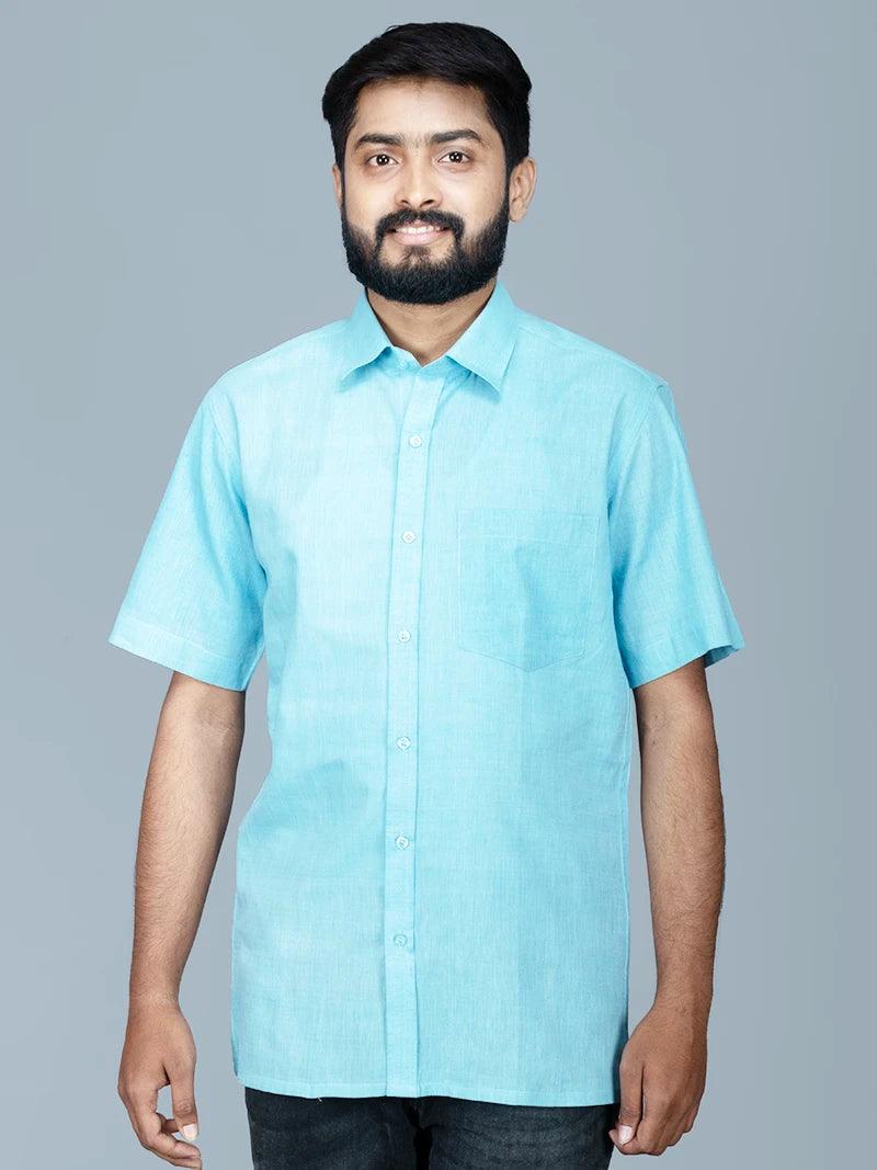 Sky Blue Handwoven Organic Cotton Formal Men Shirt - WeaversIndia