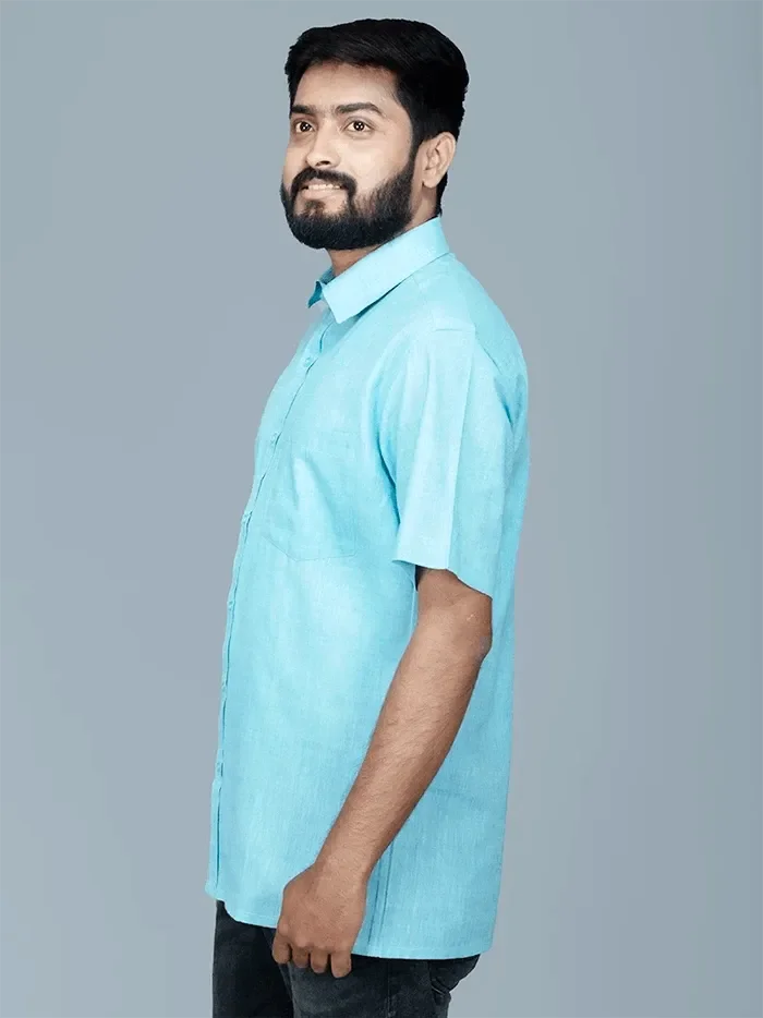 Sky Blue Handwoven Organic Cotton Formal Men Shirt - WeaversIndia