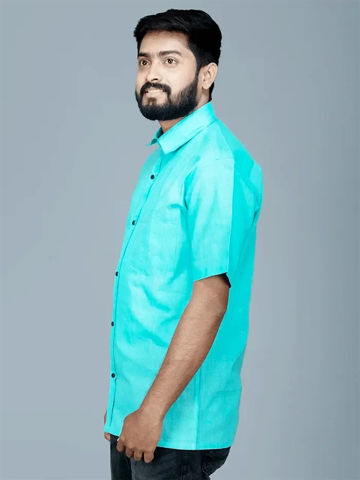 Cyan Handwoven Organic Cotton Formal Men Shirt - WeaversIndia