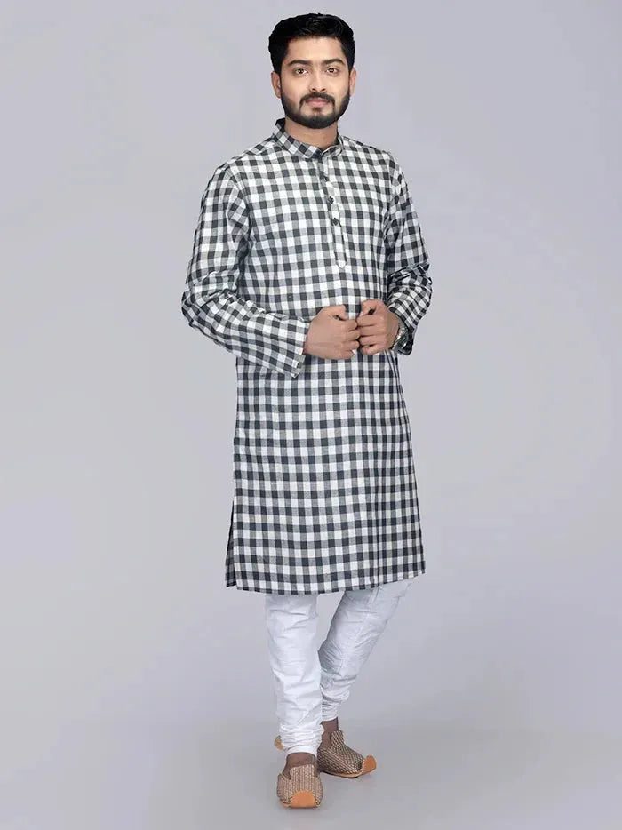 Black White Box Checks Organic Cotton Men Kurta - WeaversIndia