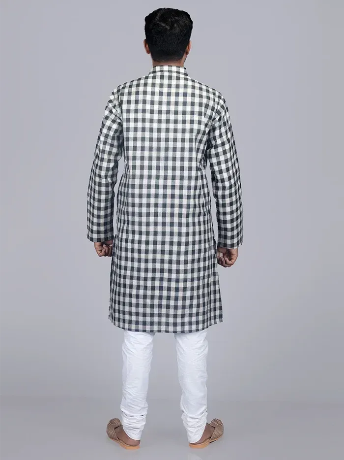 Black White Box Checks Organic Cotton Men Kurta - WeaversIndia