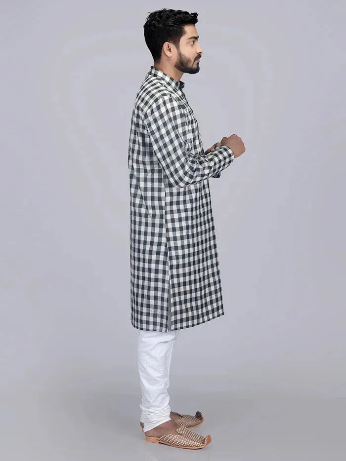 Black White Box Checks Organic Cotton Men Kurta - WeaversIndia