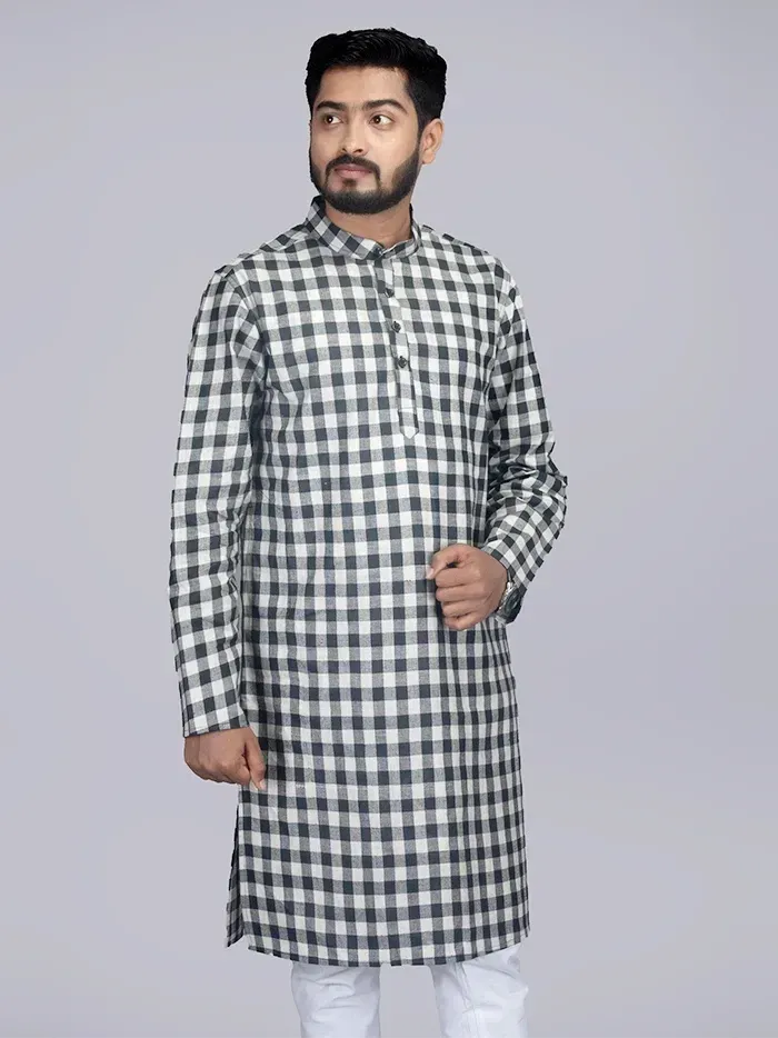 Black White Box Checks Organic Cotton Men Kurta - WeaversIndia