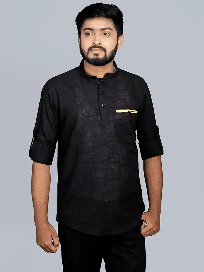 Black Handwoven Cotton Slab Men Short Kurta - WeaversIndia