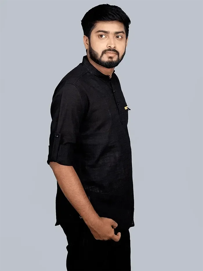 Black Handwoven Cotton Slab Men Short Kurta - WeaversIndia