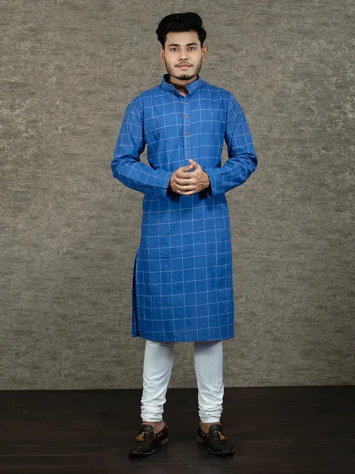 Nevy Blue Checks Comfort Fit Organic Cotton Men Kurta - WeaversIndia