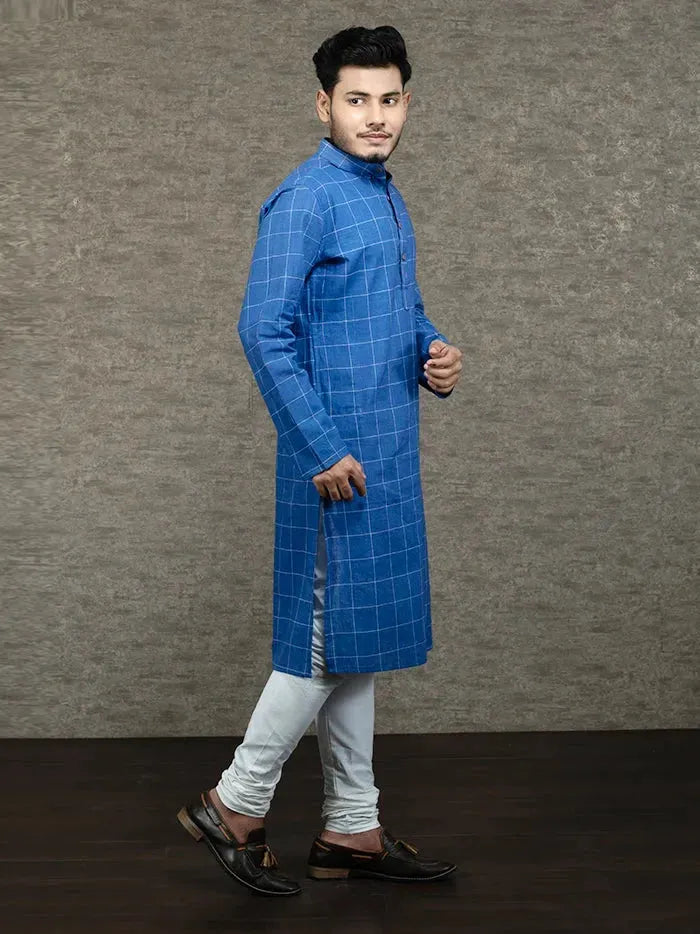 Nevy Blue Checks Comfort Fit Organic Cotton Men Kurta - WeaversIndia