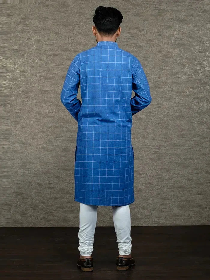 Nevy Blue Checks Comfort Fit Organic Cotton Men Kurta - WeaversIndia