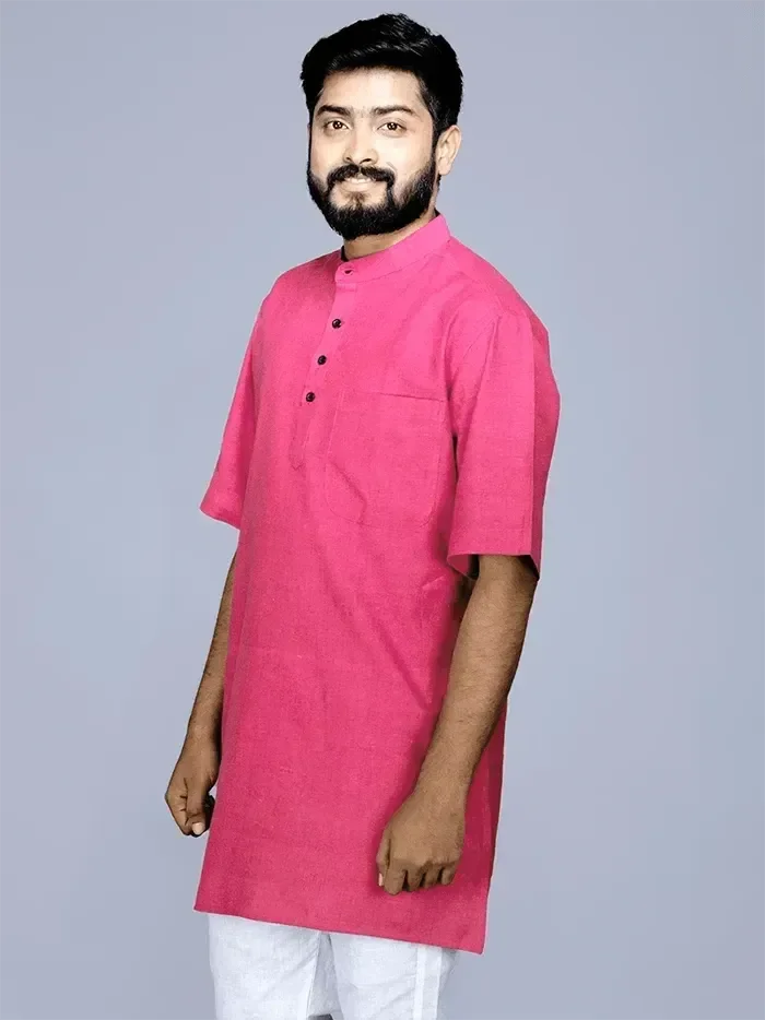 Rose Red Handwoven Organic Cotton Men Kurta - WeaversIndia