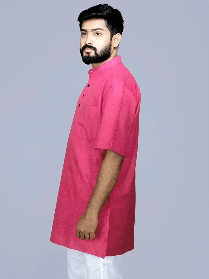 Rose Red Handwoven Organic Cotton Men Kurta - WeaversIndia