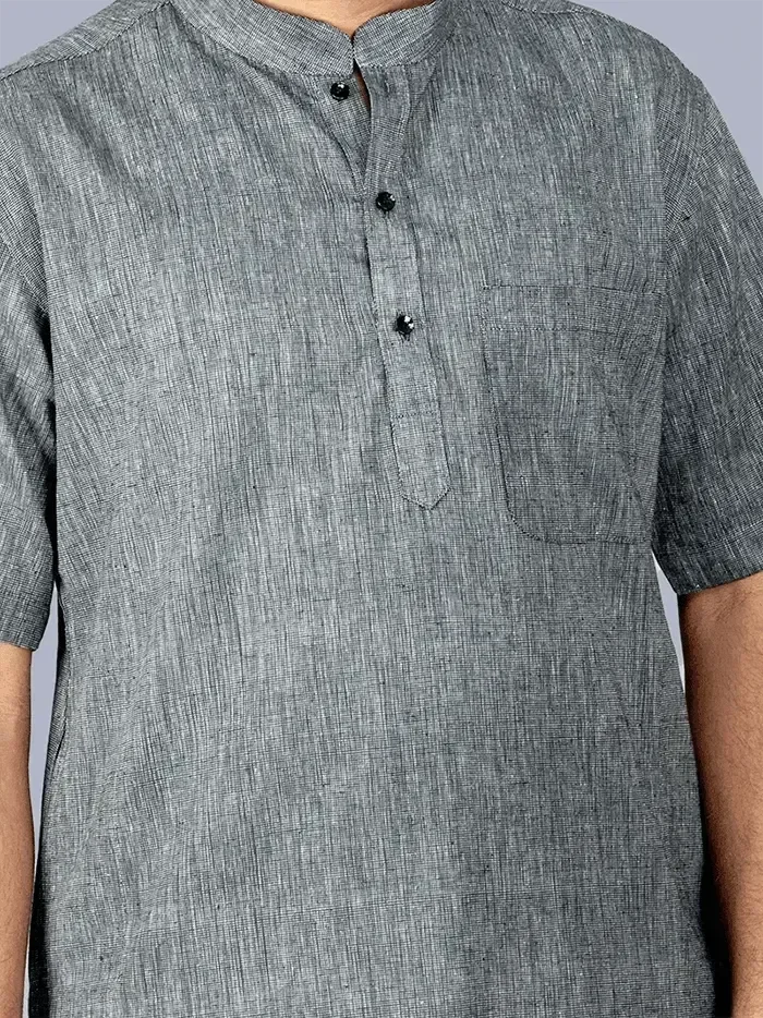 Faded Black Organic Cotton Half Sleeves Men Kurta - WeaversIndia