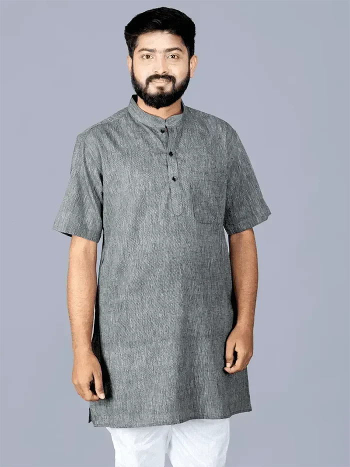 Faded Black Organic Cotton Half Sleeves Men Kurta - WeaversIndia