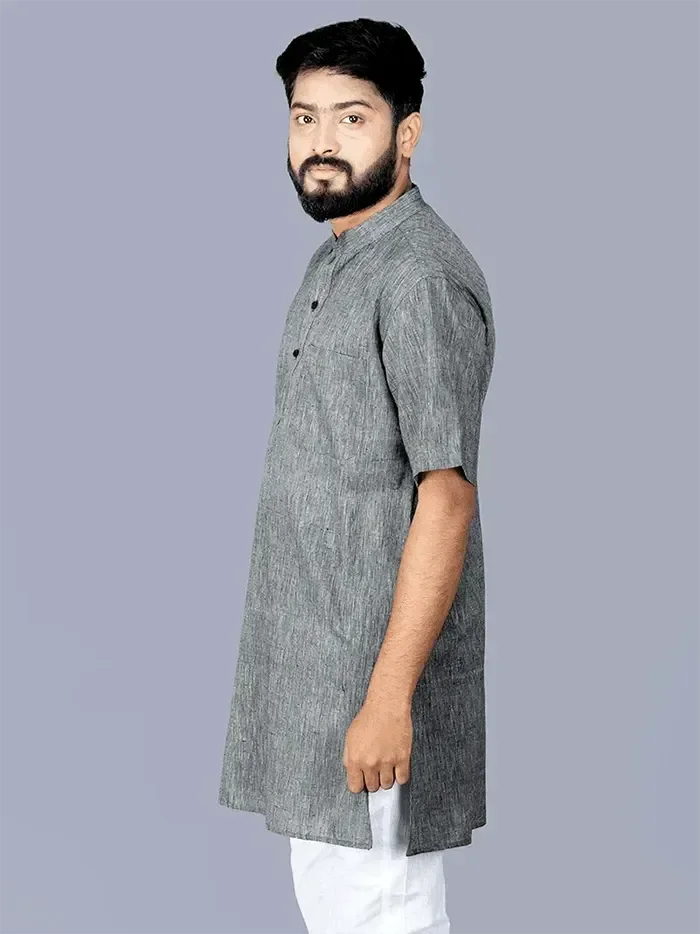 Faded Black Organic Cotton Half Sleeves Men Kurta - WeaversIndia