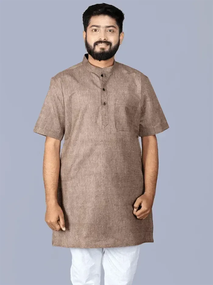 Organic Cotton Brown Half Sleeves Men Kurta - WeaversIndia
