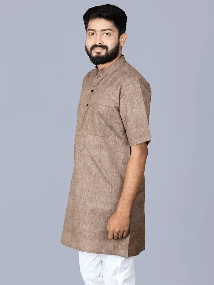 Organic Cotton Brown Half Sleeves Men Kurta - WeaversIndia