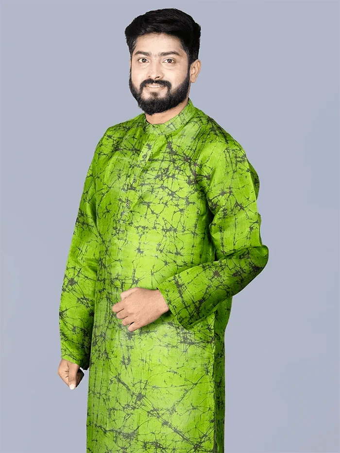 Green Batik Printed Pure Silk Men Kurta