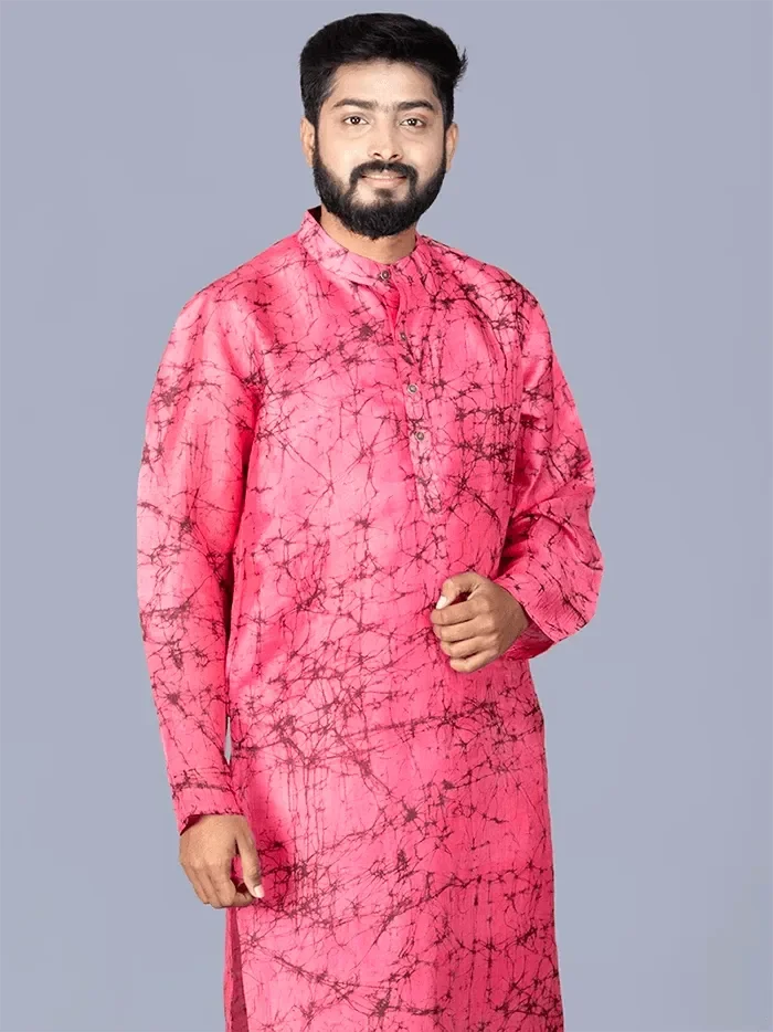 Bubblegum Pink Batik Printed Pure Silk Men Kurta