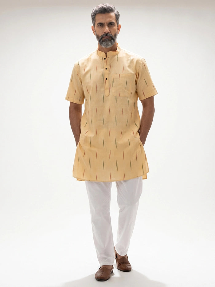 Light Butter Yellow Organic Cotton Ikkat Half Sleeves Men Kurta