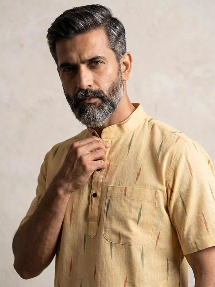 Light Butter Yellow Organic Cotton Ikkat Half Sleeves Men Kurta