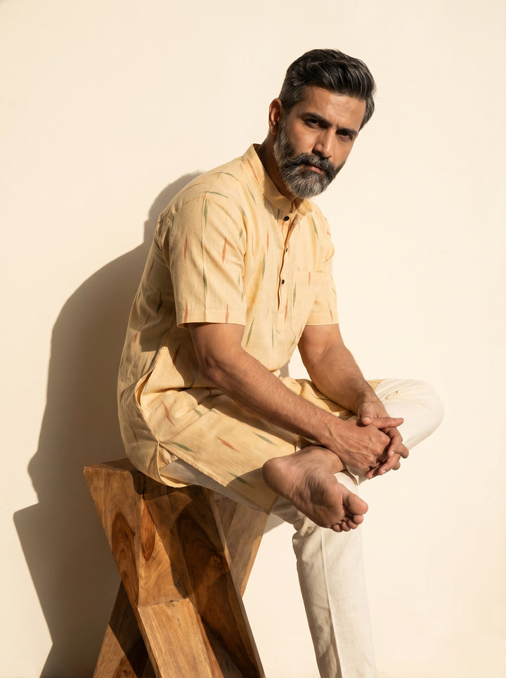 Light Butter Yellow Organic Cotton Ikkat Half Sleeves Men Kurta