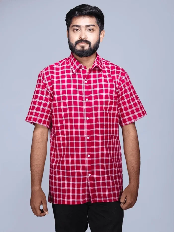 Maroon Handwoven Organic Cotton Checks Fitted Men Shirt - WeaversIndia