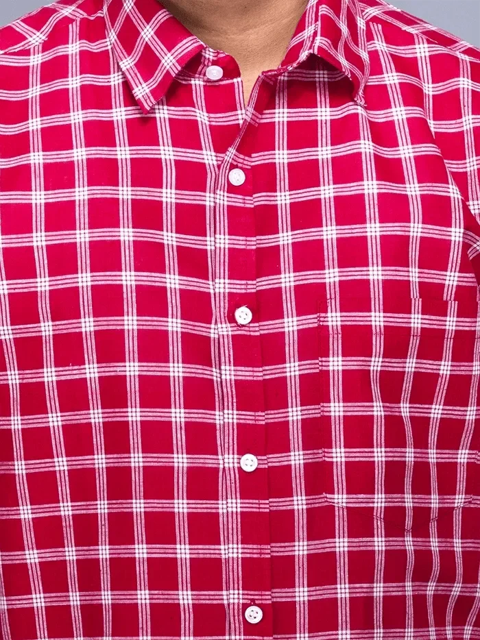 Maroon Handwoven Organic Cotton Checks Fitted Men Shirt - WeaversIndia