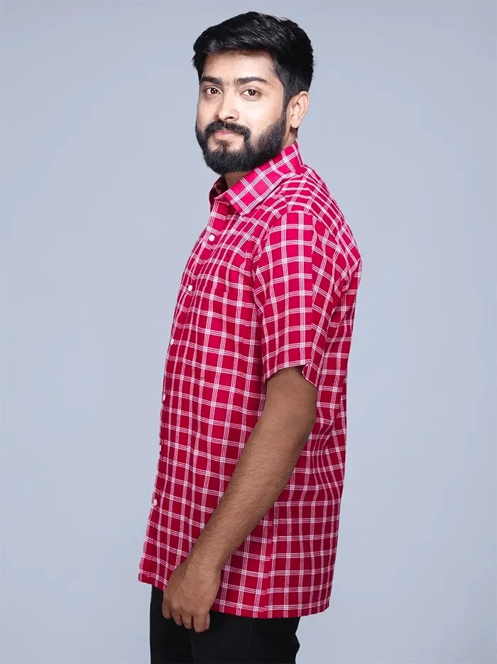 Maroon Handwoven Organic Cotton Checks Fitted Men Shirt - WeaversIndia
