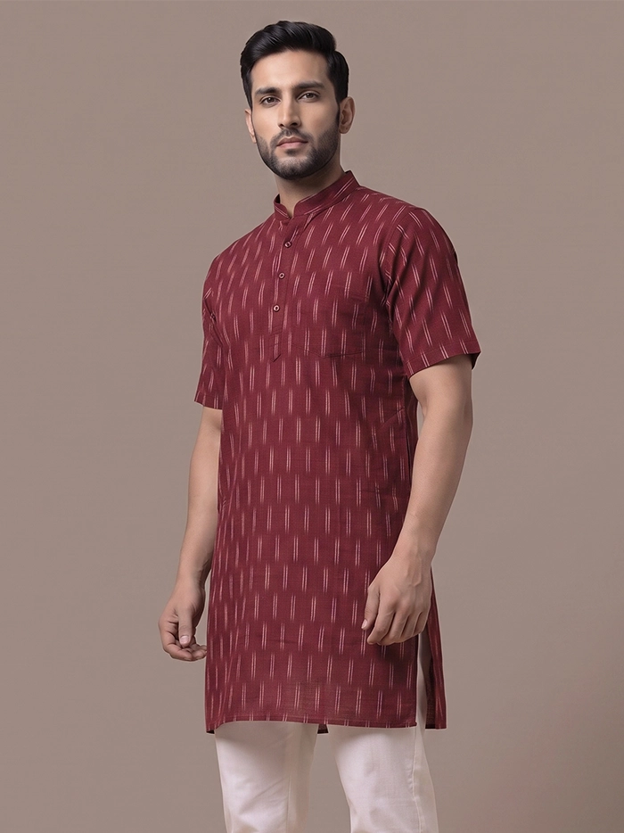 Maroon Organic Cotton Line Ikkat Half Sleeves Men Kurta