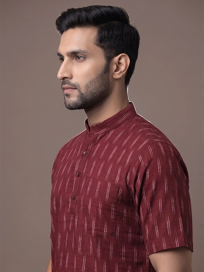 Maroon Organic Cotton Line Ikkat Half Sleeves Men Kurta