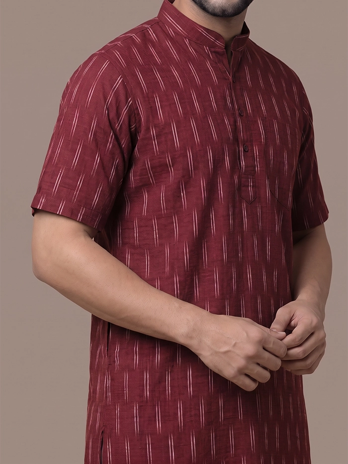 Maroon Organic Cotton Line Ikkat Half Sleeves Men Kurta