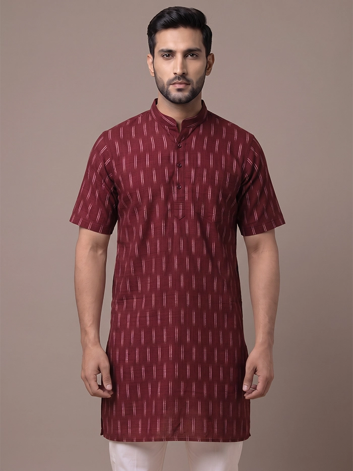 Maroon Organic Cotton Line Ikkat Half Sleeves Men Kurta