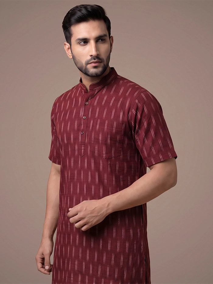 Maroon Organic Cotton Line Ikkat Half Sleeves Men Kurta